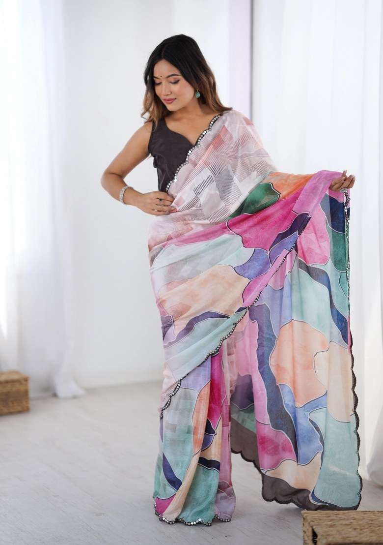 Multicolor Chinon Saree Set with Printed for Diwali | Wedding & Festive Wear - Indya