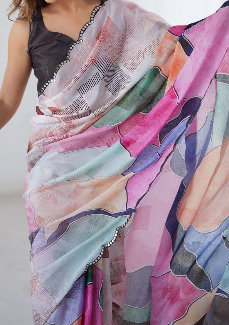Multicolor Chinon Saree Set with Printed for Diwali | Wedding & Festive Wear - Indya