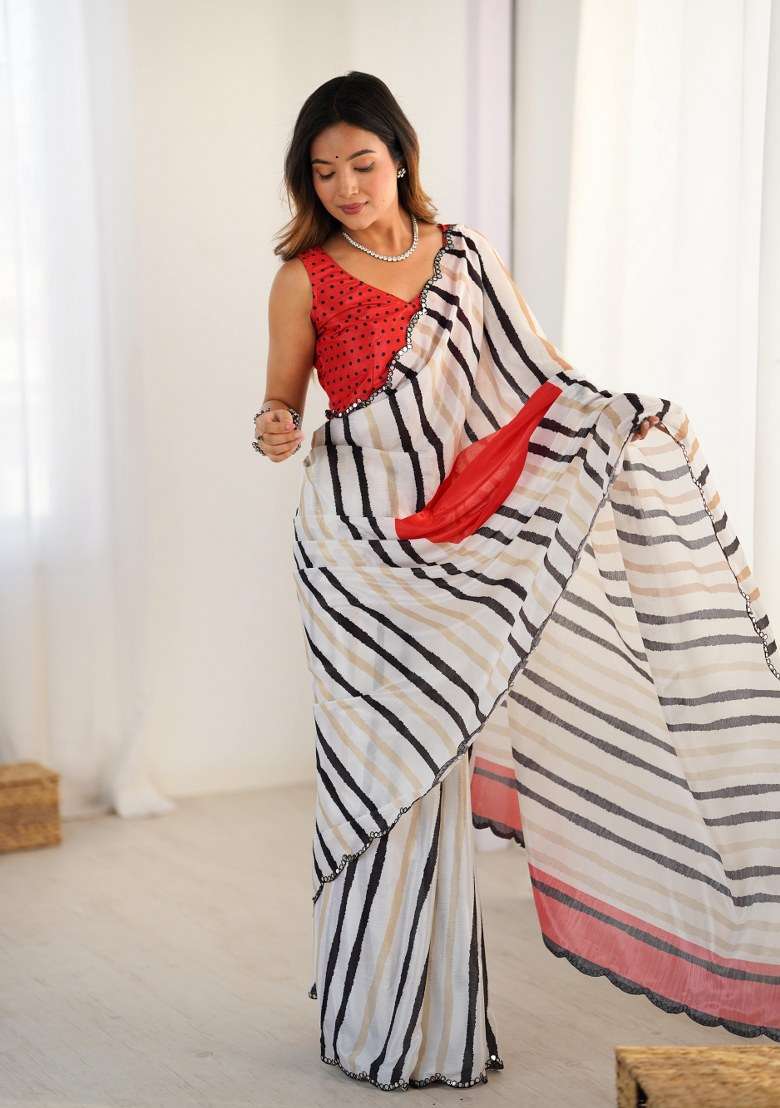 Multicolor Printed Chinon Saree Set for Diwali and Festive Wear - Indya