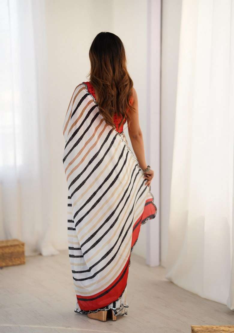 Multicolor Printed Chinon Saree Set for Diwali and Festive Wear - Indya