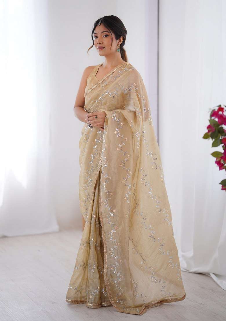 Cream Embellished Art Silk Blend Saree Set for Diwali and Festive Wear - Indya