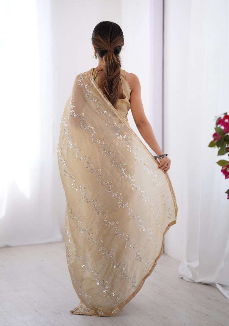Cream Embellished Art Silk Blend Saree Set for Diwali and Festive Wear - Indya
