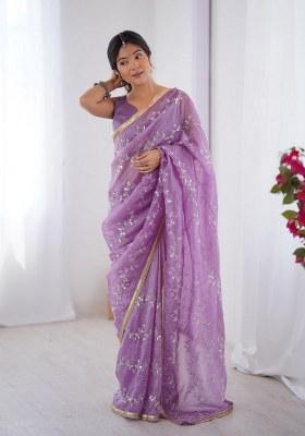 Lavender Embellished Art Silk Saree Set