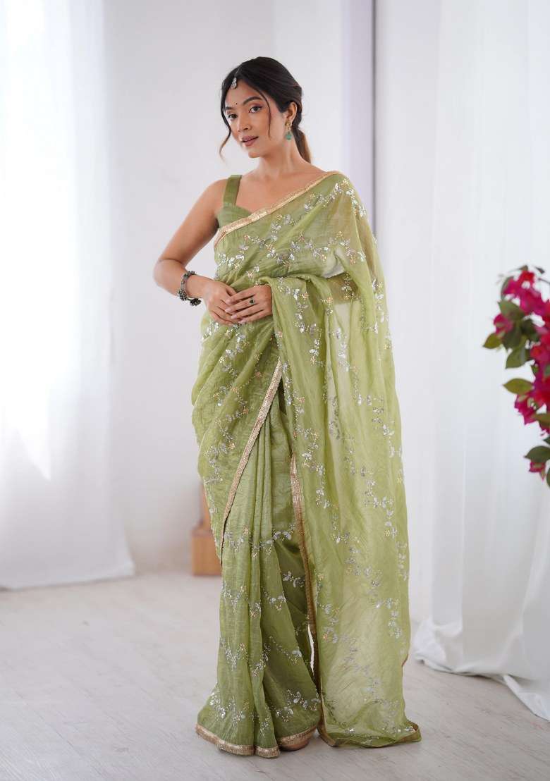 Pista Green Embellished Blend Art Silk Saree Set for Diwali | Wedding & Festive Wear - Indya
