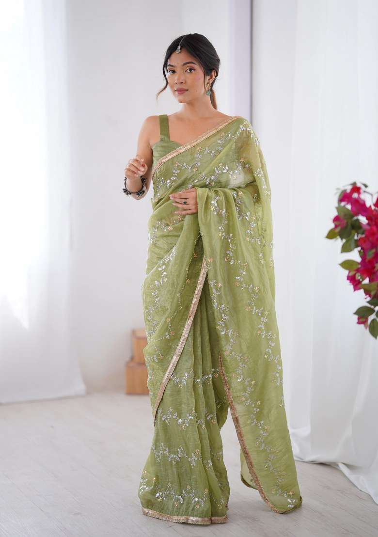 Pista Green Embellished Blend Art Silk Saree Set for Diwali | Wedding & Festive Wear - Indya
