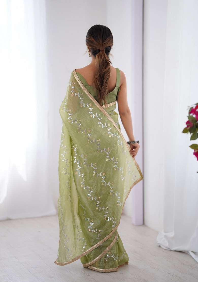 Pista Green Embellished Blend Art Silk Saree Set for Diwali | Wedding & Festive Wear - Indya