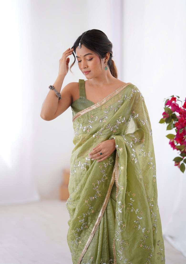 Pista Green Embellished Blend Art Silk Saree Set for Diwali | Wedding & Festive Wear - Indya