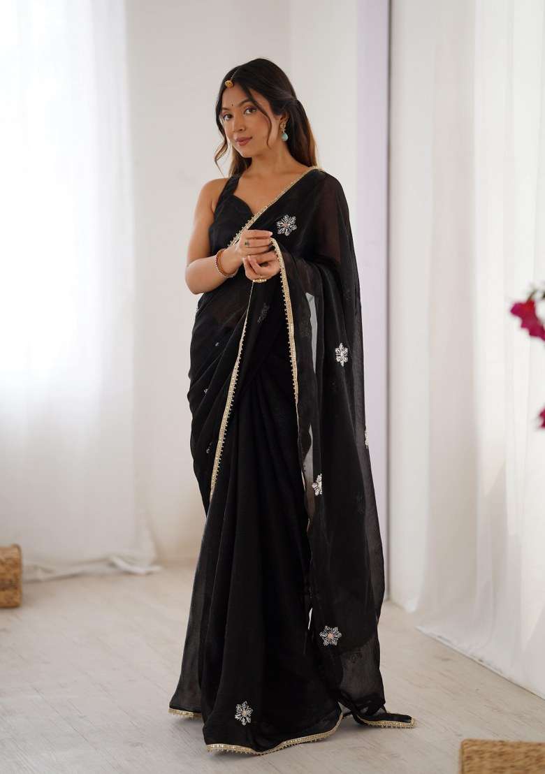 Black Embellished Blended Saree Set for Diwali and Festive Wear - Indya