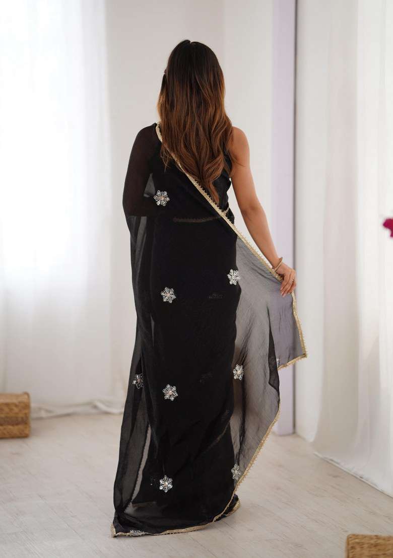 Black Embellished Blended Saree Set for Diwali and Festive Wear - Indya