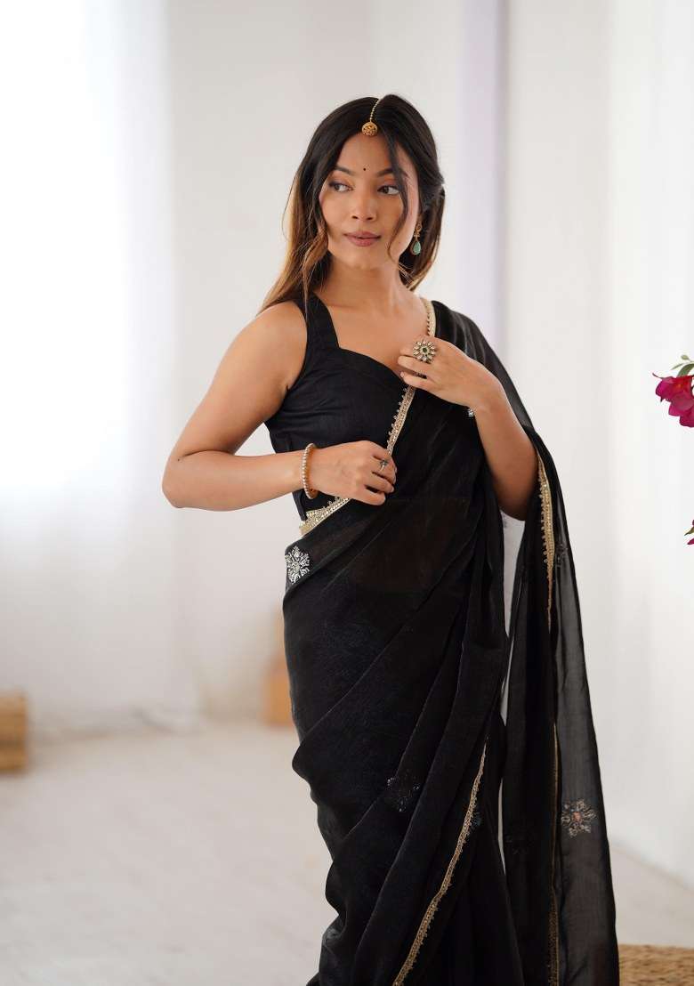 Black Embellished Blended Saree Set for Diwali and Festive Wear - Indya