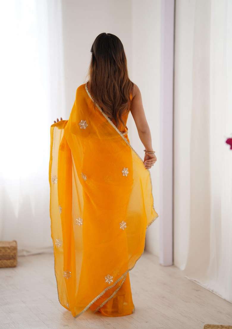 Mustard Yellow Embellished Blended Saree Set for Diwali and Festive Wear - Indya