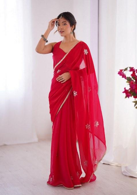 Red Embellished Blended Saree Set
