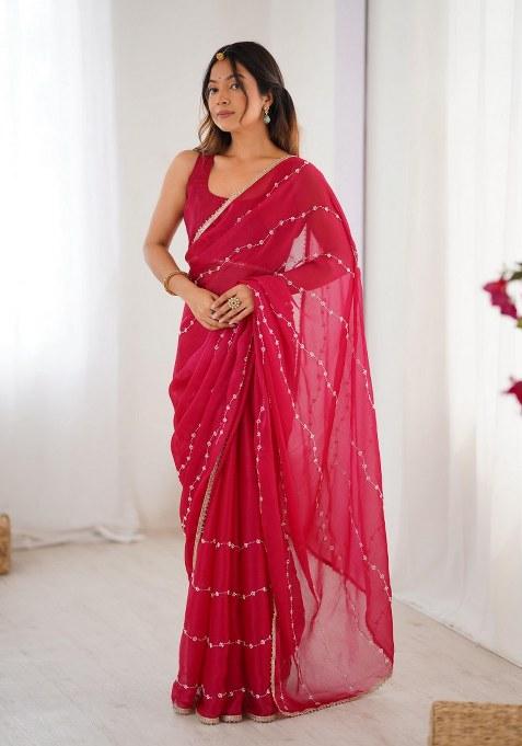 Pink Embellished Blended Saree Set