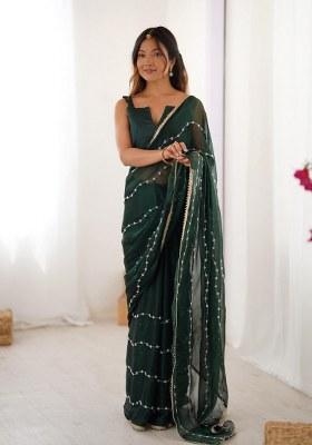 Green Embellished Blended Saree Set