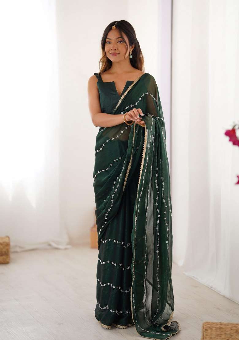 Green Embellished Blended Saree Set for Diwali and Festive Wear - Indya