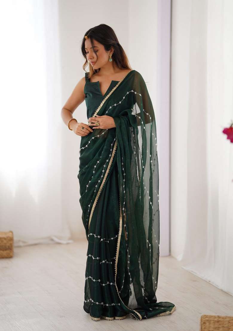 Green Embellished Blended Saree Set for Diwali and Festive Wear - Indya