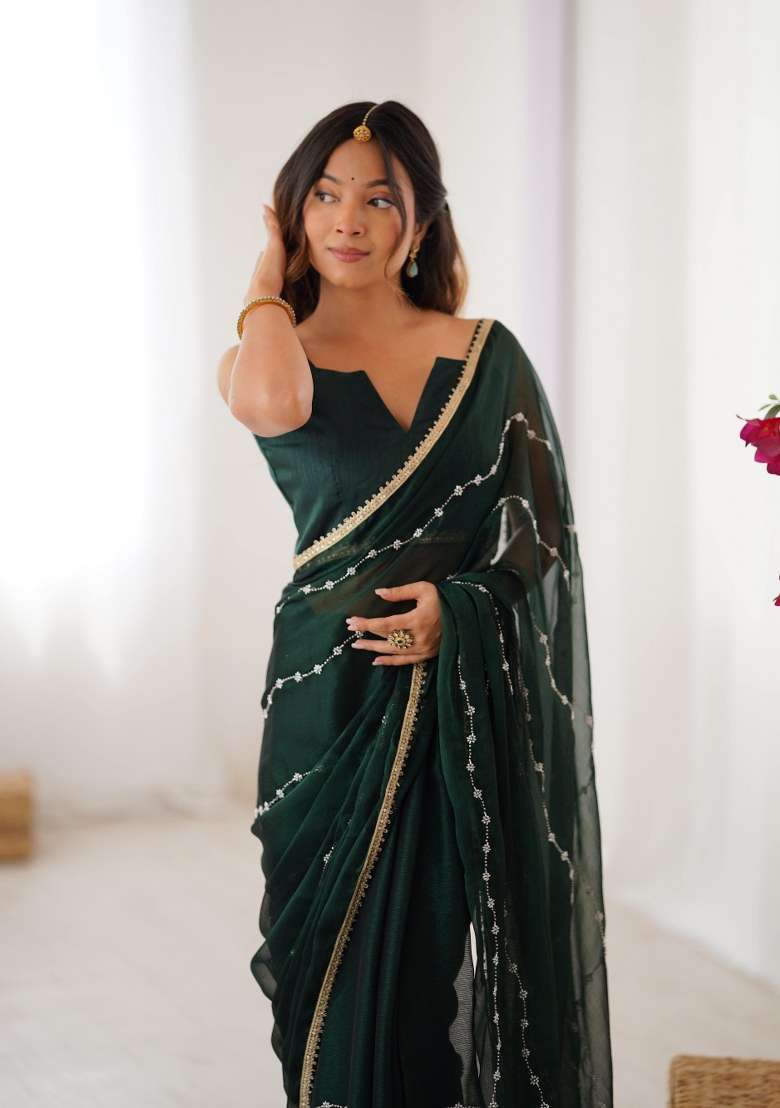 Green Embellished Blended Saree Set for Diwali and Festive Wear - Indya