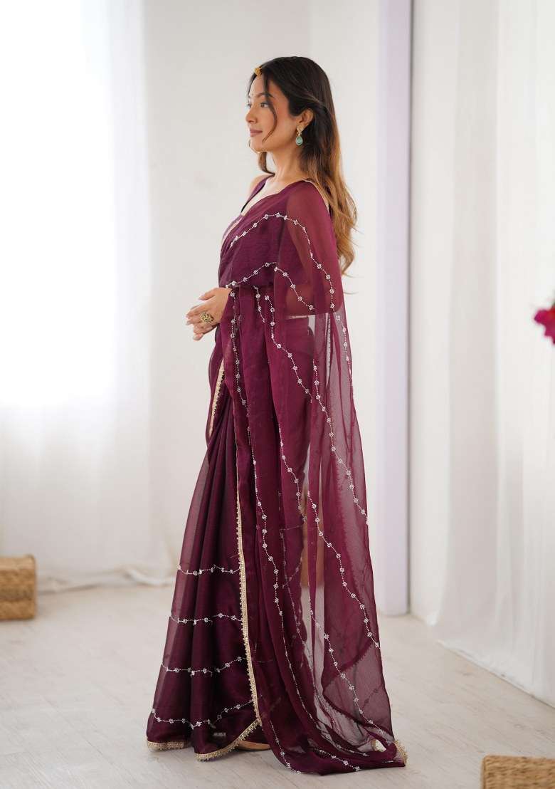 Wine Embellished Blended Saree Set for Diwali and Festive Wear - Indya