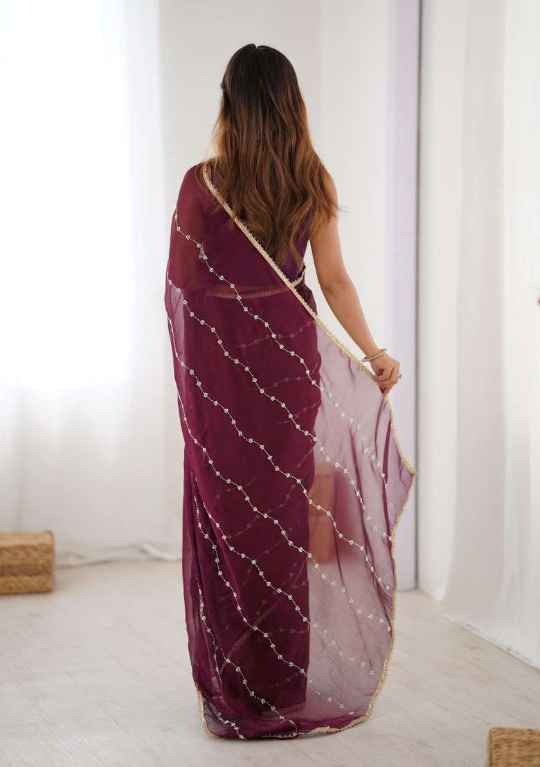 Wine Embellished Blended Saree Set for Diwali and Festive Wear - Indya