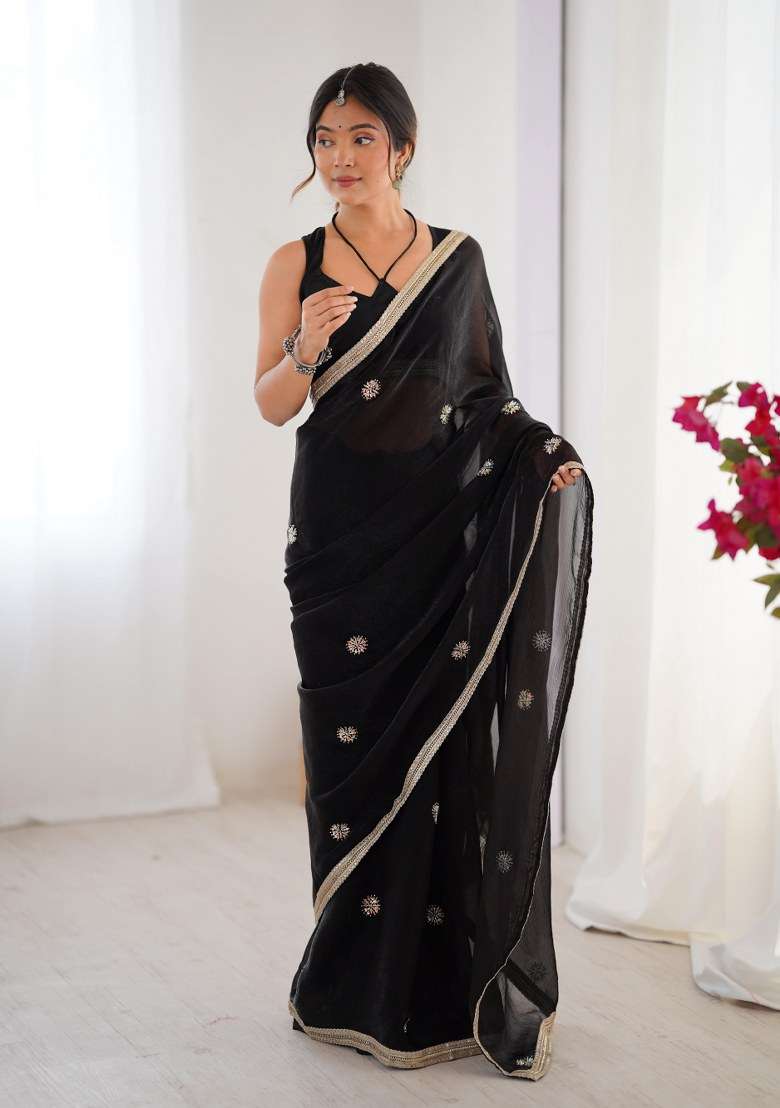 Black Embellished Blended Saree Set for Diwali and Festive Wear - Indya