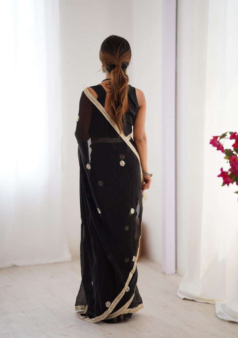 Black Embellished Blended Saree Set for Diwali and Festive Wear - Indya