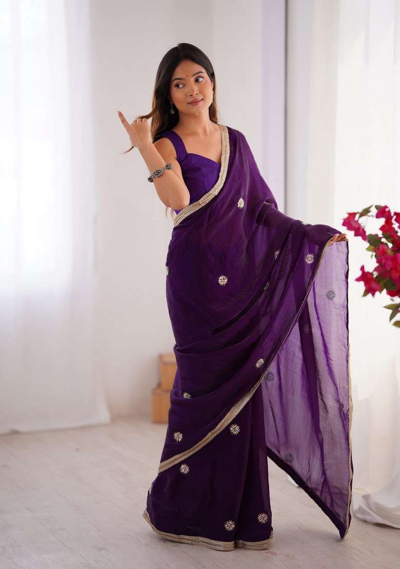Purple Embellished Blended Saree Set for Diwali | Wedding & Festive Wear - Indya