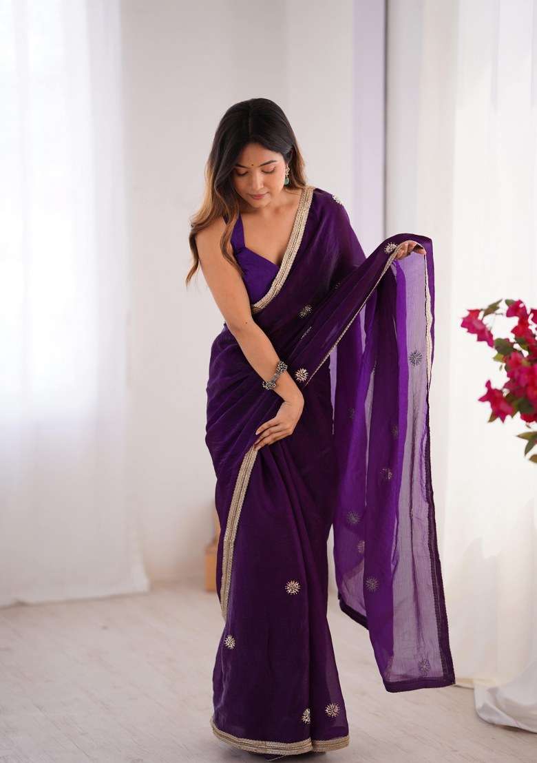 Purple Embellished Blended Saree Set for Diwali | Wedding & Festive Wear - Indya