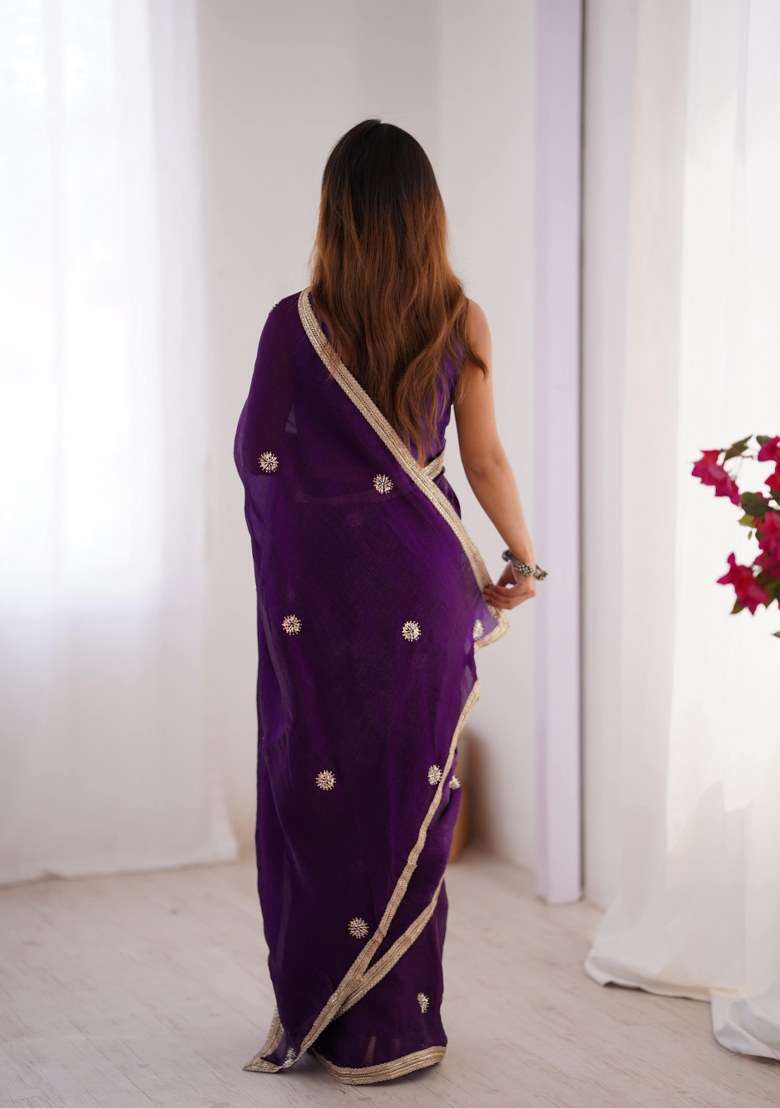 Purple Embellished Blended Saree Set for Diwali | Wedding & Festive Wear - Indya