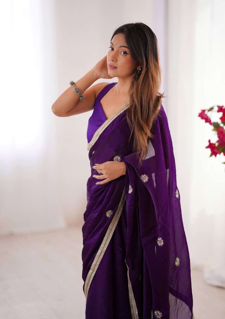 Purple Embellished Blended Saree Set for Diwali | Wedding & Festive Wear - Indya
