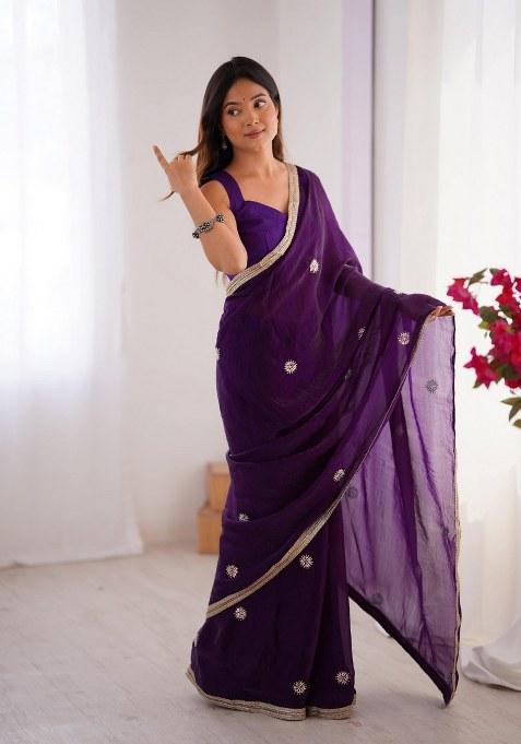 Purple Embellished Blended Saree Set