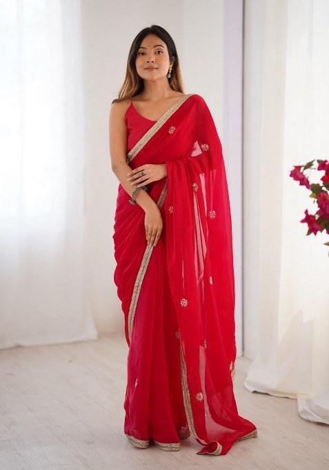 Red Embellished Blended Saree Set