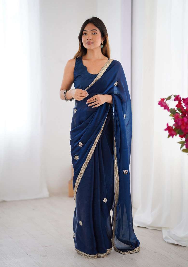 Petrol Blue Embellished Blended Saree Set for Diwali and Festive Wear - Indya