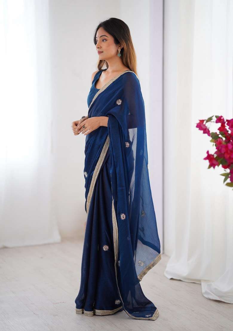 Petrol Blue Embellished Blended Saree Set for Diwali and Festive Wear - Indya