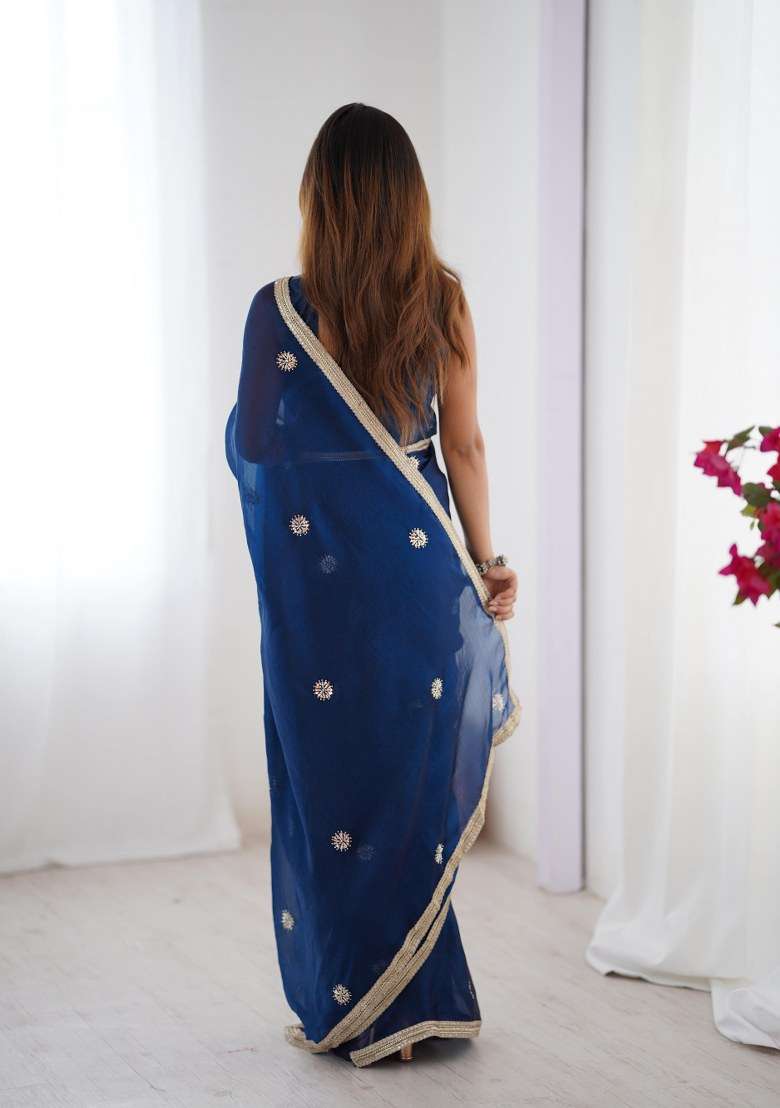 Petrol Blue Embellished Blended Saree Set for Diwali and Festive Wear - Indya