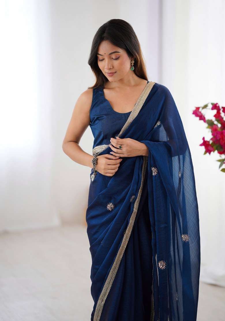 Petrol Blue Embellished Blended Saree Set for Diwali and Festive Wear - Indya