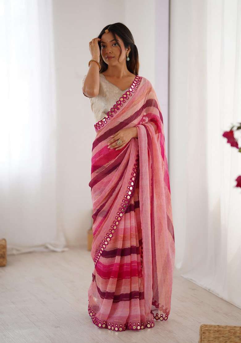 Pink Chiffon Saree Set with Mirror Work for Diwali | Wedding & Festive Wear - Indya