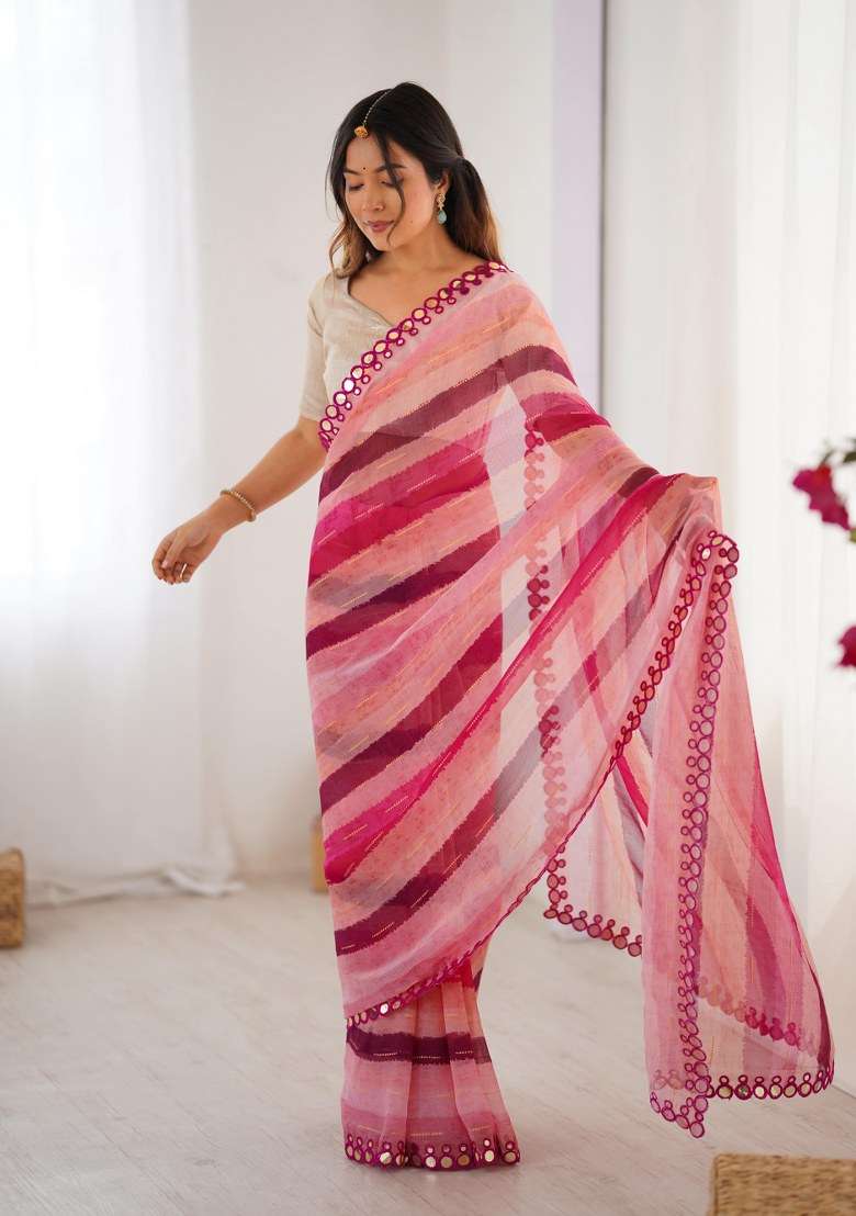 Pink Chiffon Saree Set with Mirror Work for Diwali | Wedding & Festive Wear - Indya