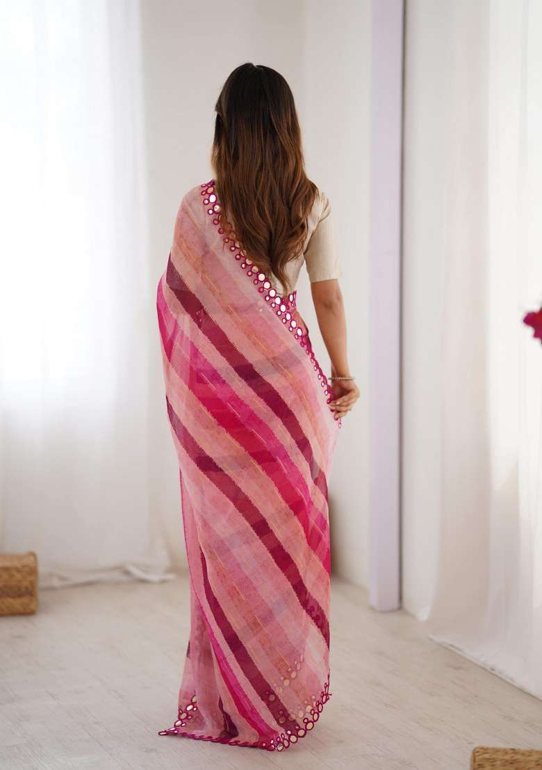Pink Chiffon Saree Set with Mirror Work for Diwali | Wedding & Festive Wear - Indya