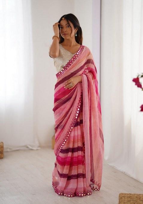 Pink Mirror Work Chiffon Saree Set
