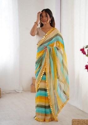 Yellow Mirror Work Chiffon Saree Set