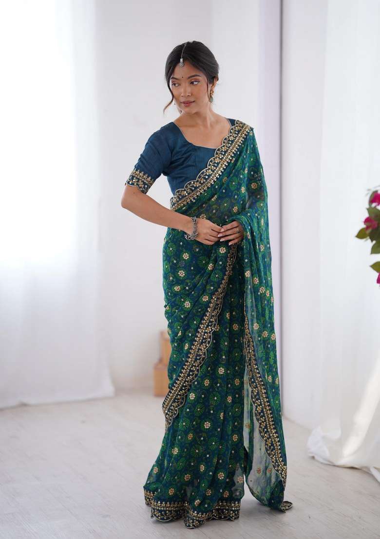 Petrol Blue Georgette Saree Set with Embroidered for Diwali | Wedding & Festive Wear - Indya