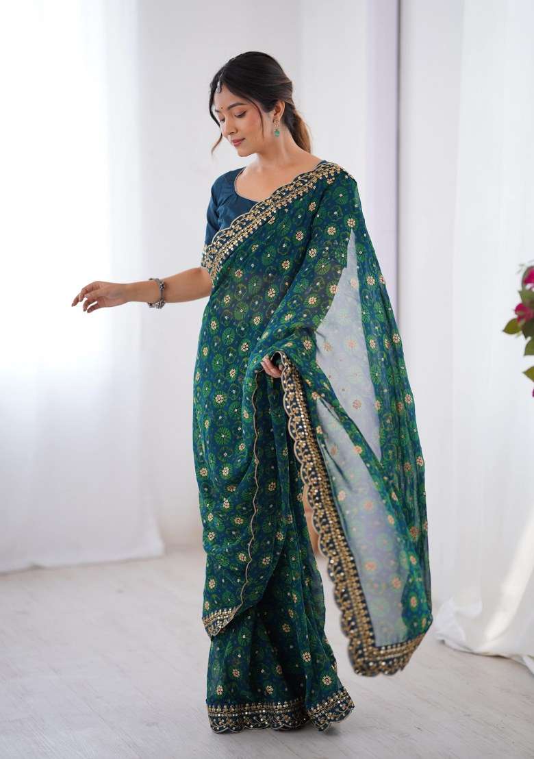 Petrol Blue Georgette Saree Set with Embroidered for Diwali | Wedding & Festive Wear - Indya