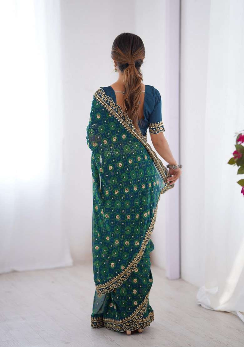 Petrol Blue Georgette Saree Set with Embroidered for Diwali | Wedding & Festive Wear - Indya