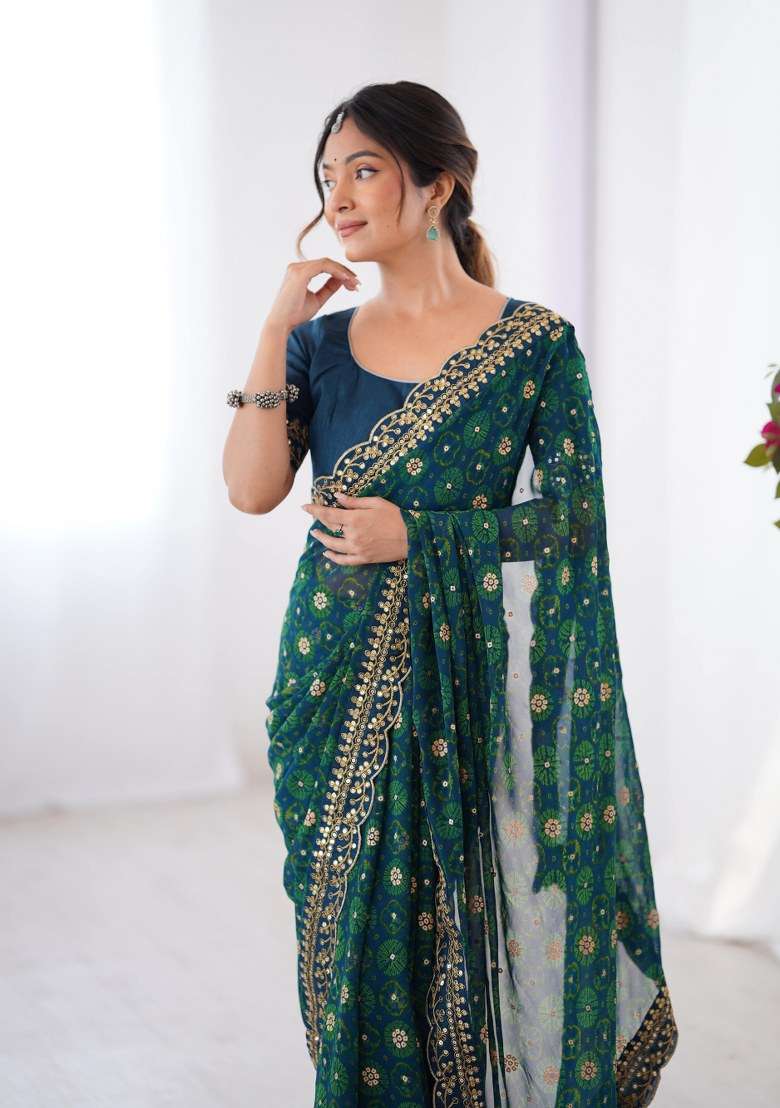 Petrol Blue Georgette Saree Set with Embroidered for Diwali | Wedding & Festive Wear - Indya