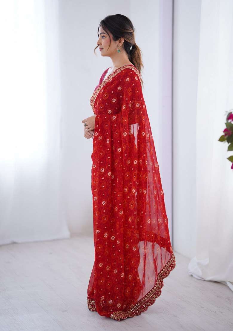 Red Embroidered Georgette Saree Set for Diwali and Festive Wear - Indya