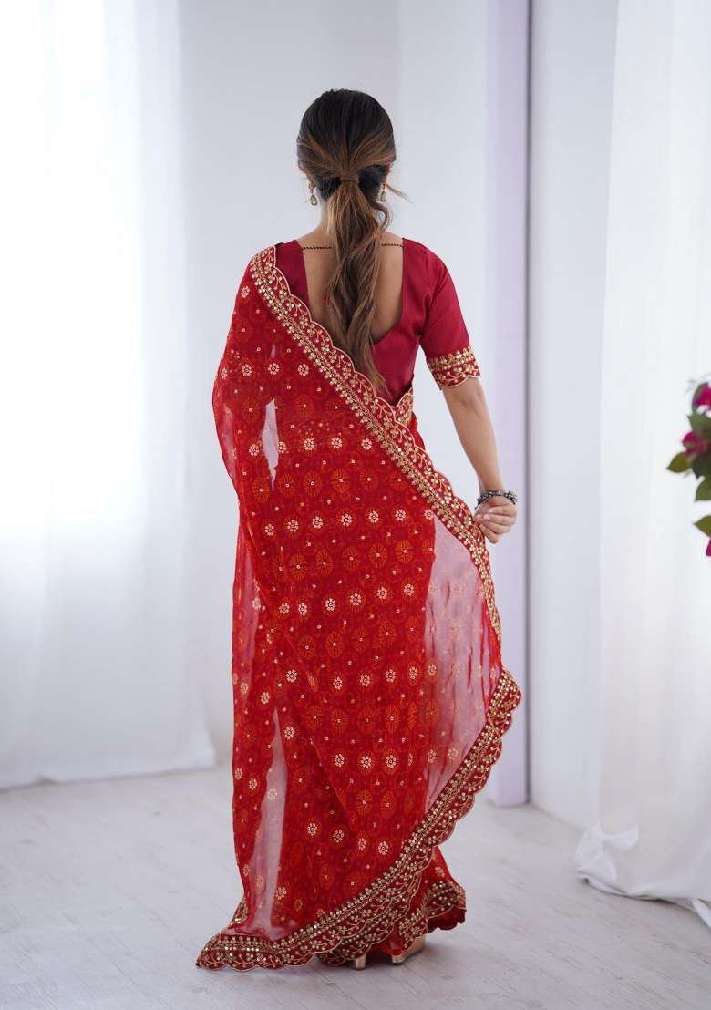 Red Embroidered Georgette Saree Set for Diwali and Festive Wear - Indya