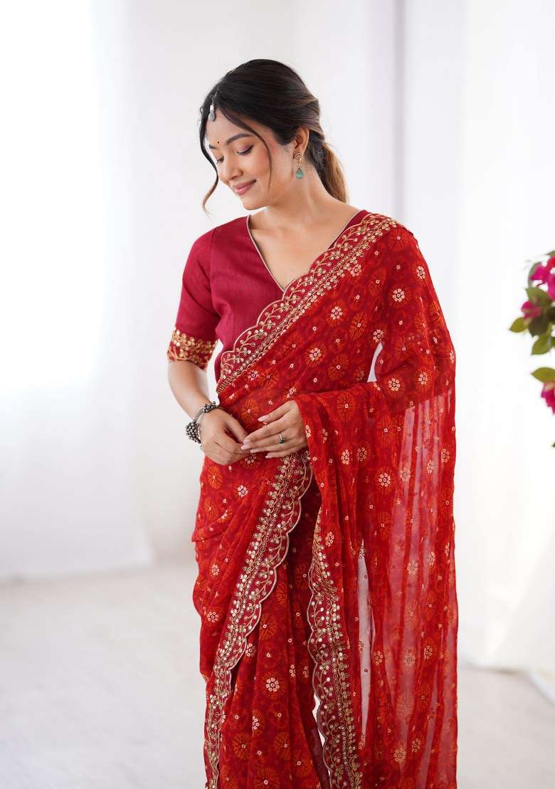 Red Embroidered Georgette Saree Set for Diwali and Festive Wear - Indya