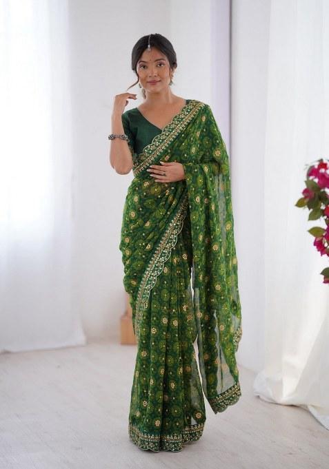 Green Embroidered Georgette Saree Set