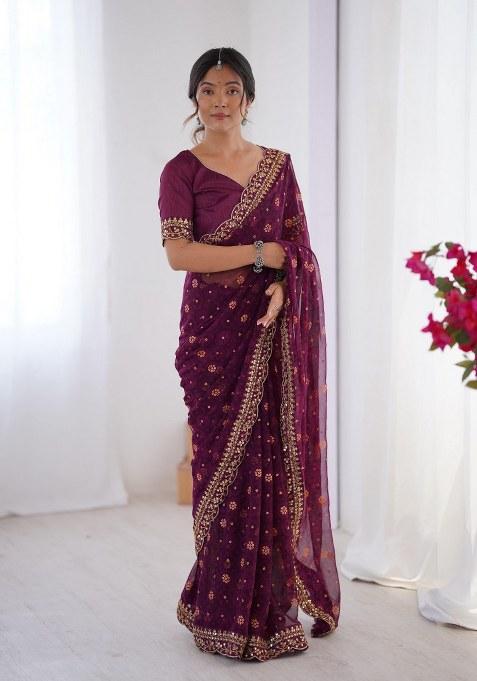 Wine Embroidered Georgette Saree Set