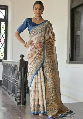 Blue Printed Tussar Silk Saree Set